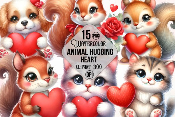 Animal Hugging Heart Sublimation Clipart for Designers