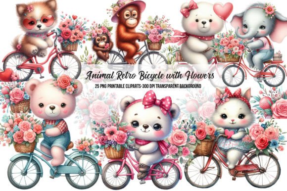 Animal Retro Bicycle with Flowers: A Vintage Design Collection