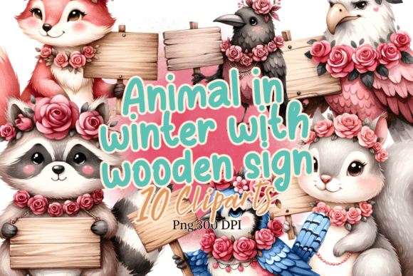 Animal Winter with Wooden Sign Clipart for Seasonal Design
