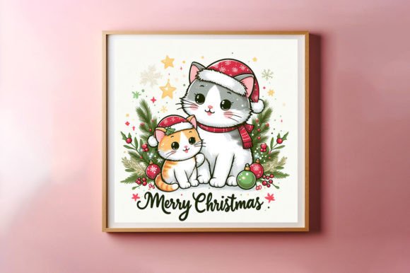 Merry Christmas Watercolor Animal Cat: Festive Digital Art