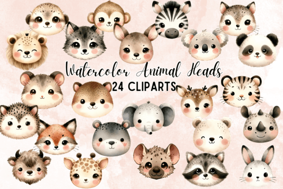 Unleashing Charm: 24 Watercolor Animal Heads Clipart