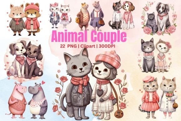 Watercolor Animal Couple Valentine Day: Design Assets & Uses