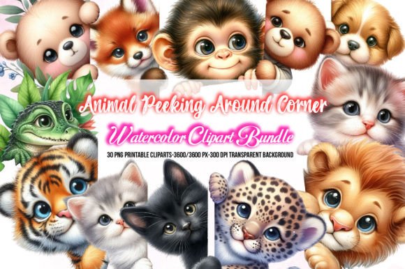 Watercolor Animal Peeking Around Corner: Enchanting Art for Your Projects